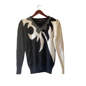 Vintage‎ wool blend Sparkle V Neck Black White Knit Sweater Women's Size S
